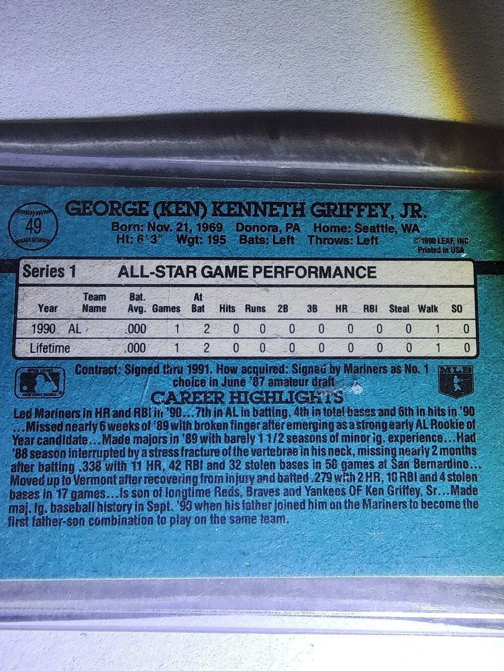 Ken Griffey Jr. 91 Donruss Authenic Error Card #49